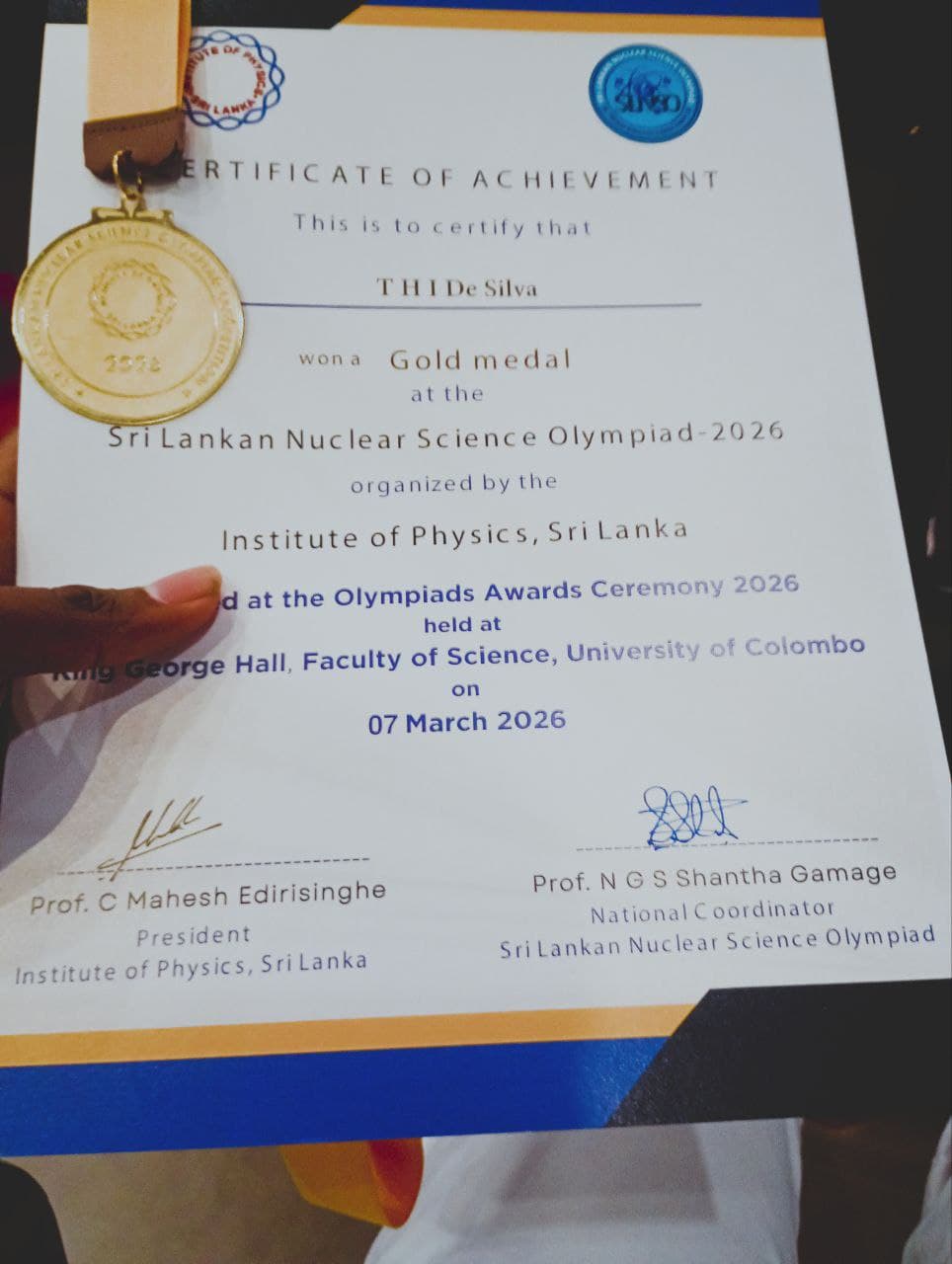 Hirun De Silva Olympiad Gold Medal certificate